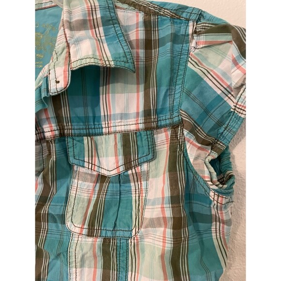 US Polo Assn Shirt Womens Medium Button Front Puff Sleeve Plaid Multicolor Blue - Picture 4 of 5